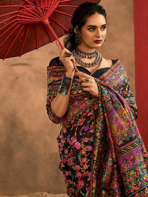 Black Zari Weaving & Thread Work Kashmiri Work Cotton Blend Saree Set 3