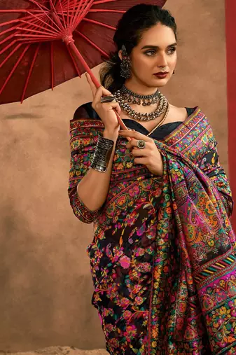 Black Zari Weaving & Thread Work Kashmiri Work Cotton Blend Saree Set