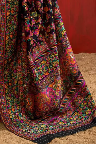 Black Zari Weaving & Thread Work Kashmiri Work Cotton Blend Saree Set