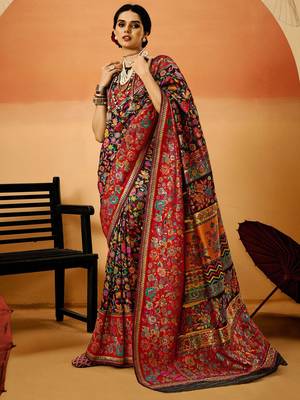 Black Women'S Kashmiri Pashmina Woven Design Celebrity Saree With Blouse Piece 1