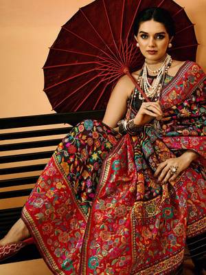 Black Women'S Kashmiri Pashmina Woven Design Celebrity Saree With Blouse Piece 2