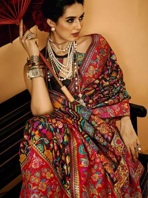 Black Women'S Kashmiri Pashmina Woven Design Celebrity Saree With Blouse Piece 3