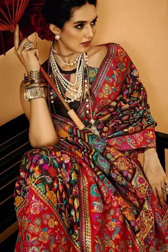 Black Women'S Kashmiri Pashmina Woven Design Celebrity Saree With Blouse Piece