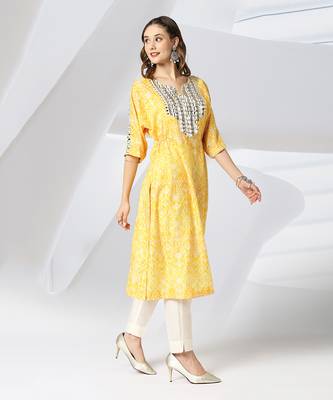 Canary yellow embroidered kaftan kurta set 1