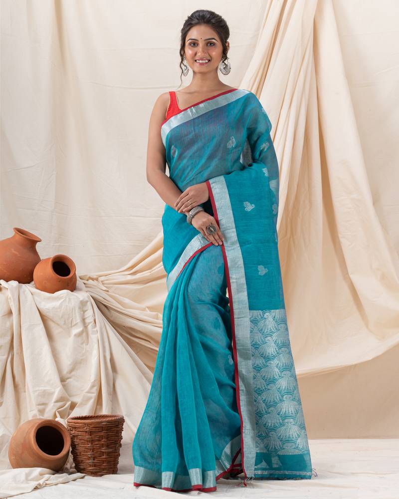 Traditional Handloom Deep Aqua Silk Linen Saree