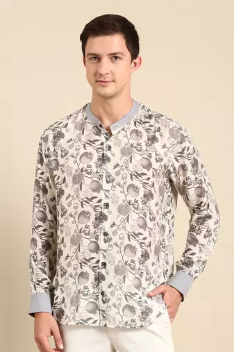 White & charcoal grey muslin digital print shirt