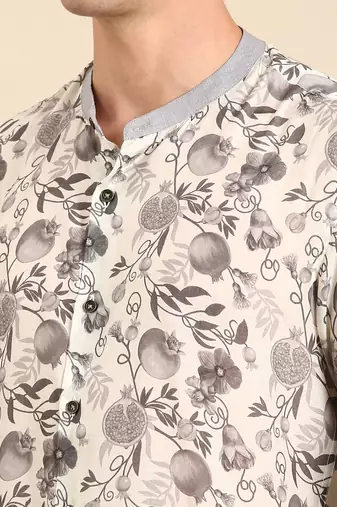 White & charcoal grey muslin digital print shirt