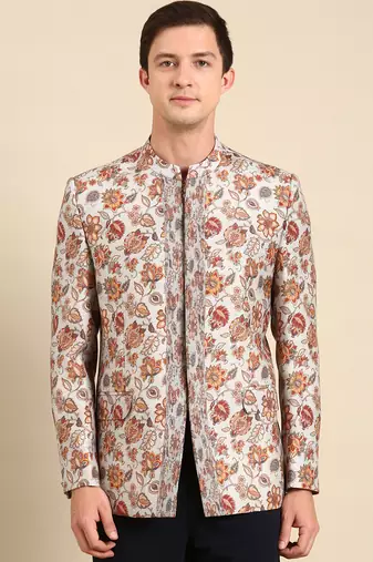 Grey floral printed bandhgala