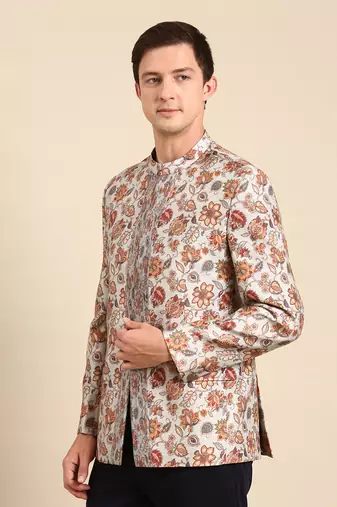 Grey floral printed bandhgala