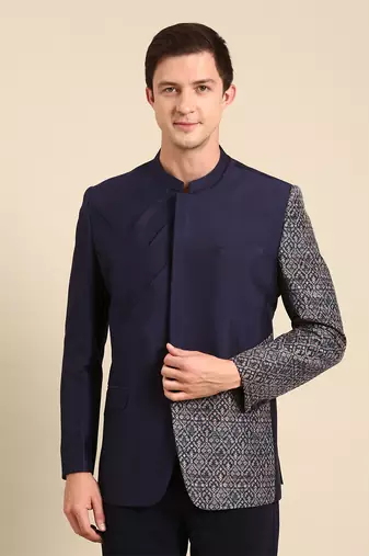Blue printed lenin and cotton bandhgala