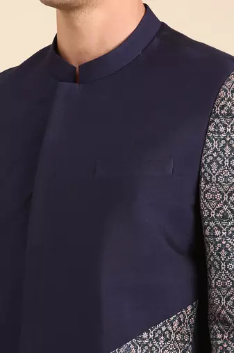 Blue printed lenin and cotton bandhgala