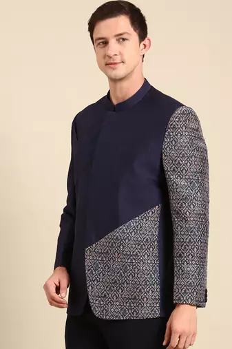 Blue printed lenin and cotton bandhgala