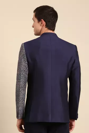 Blue printed lenin and cotton bandhgala