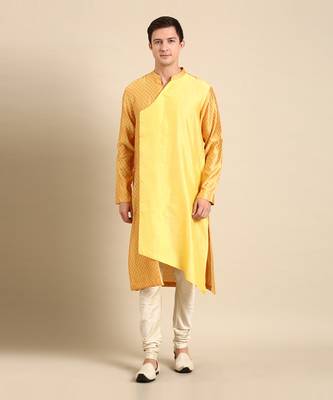 Yellow silk jaquard kurta set 1