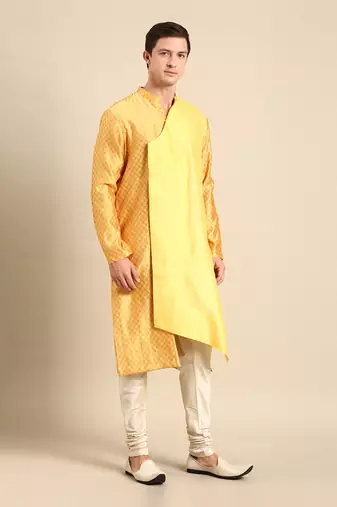 Yellow silk jaquard kurta set