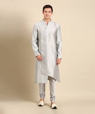 Silver grey silk jaquard kurta set 1