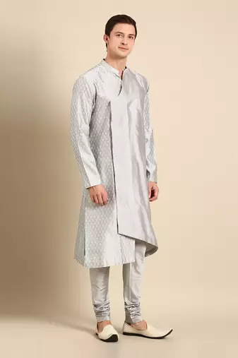 Silver grey silk jaquard kurta set