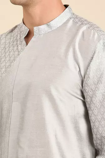 Silver grey silk jaquard kurta set