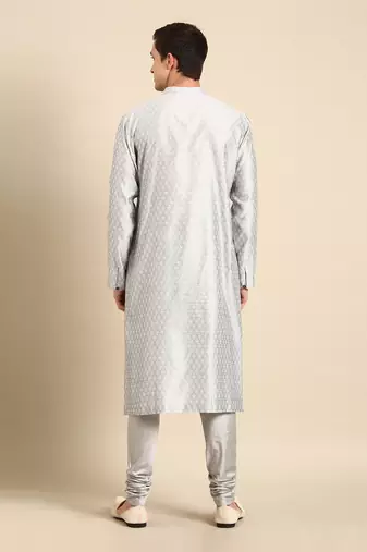 Silver grey silk jaquard kurta set