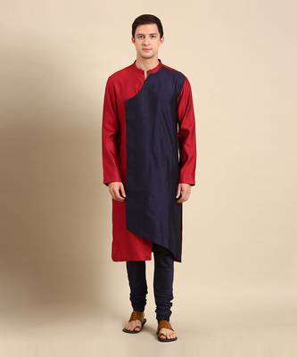 Red & blue silk jaquard kurta set 1