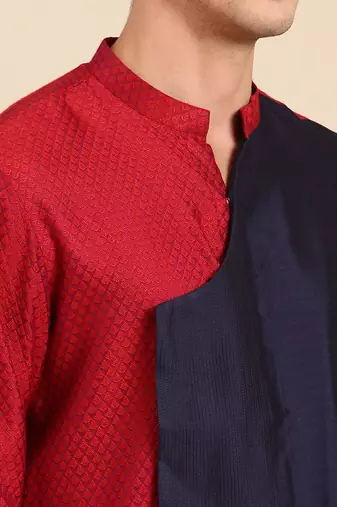 Red & blue silk jaquard kurta set
