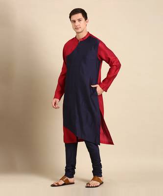 Red & blue silk jaquard kurta set 3