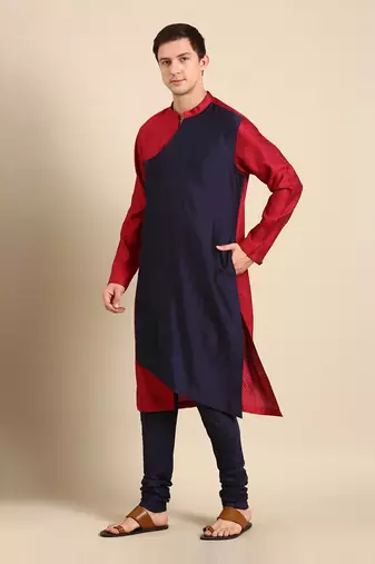 Red & blue silk jaquard kurta set