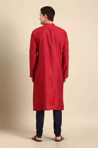 Red & blue silk jaquard kurta set