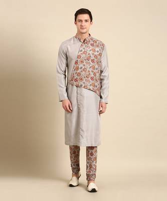 Silver grey silk muslin kurta set 1