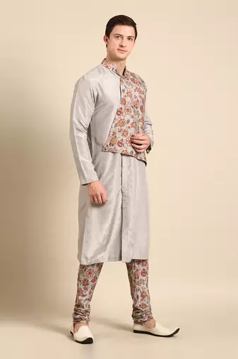 Silver grey silk muslin kurta set