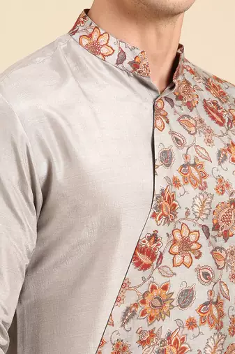 Silver grey silk muslin kurta set