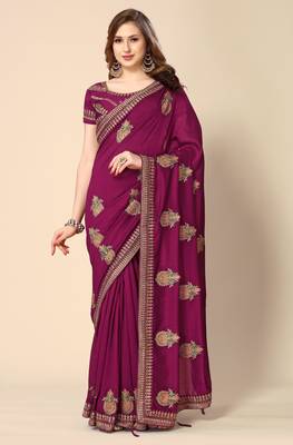 Wine chinon embroidered saree with unstitched blouse piece. 2