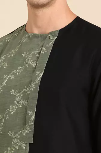 Black & green chanderi silk kurta set