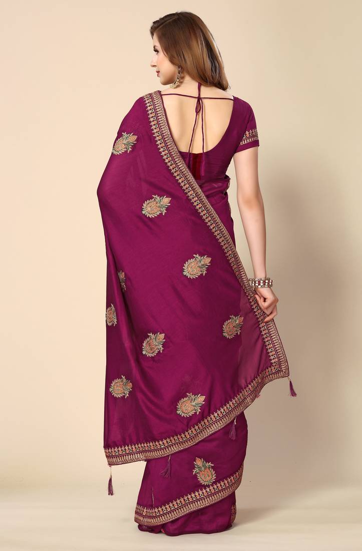 Wine chinon embroidered saree with unstitched blouse piece.