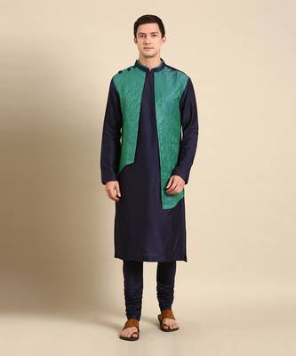 Green & blue silk jaquard kurta set 1