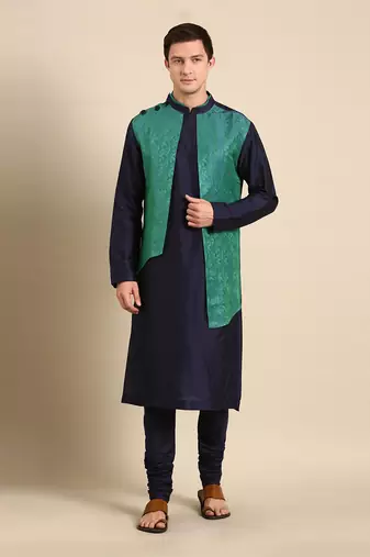 Green & blue silk jaquard kurta set