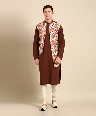 Brown yellow print cotton linen kurta set 1