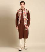Brown yellow print cotton linen kurta set
