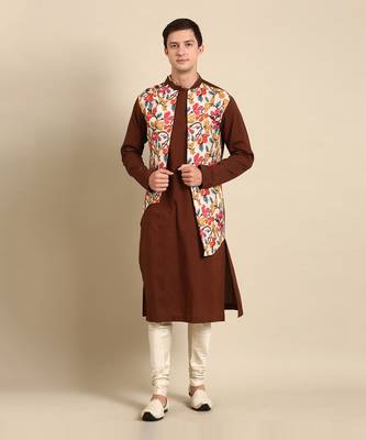 Brown yellow print cotton linen kurta set 2