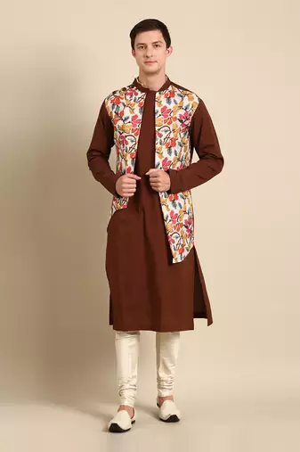 Brown yellow print cotton linen kurta set