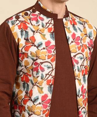 Brown yellow print cotton linen kurta set 3
