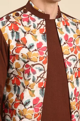 Brown yellow print cotton linen kurta set