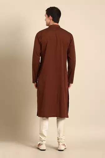 Brown yellow print cotton linen kurta set