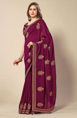 Wine chinon embroidered saree with unstitched blouse piece. 1