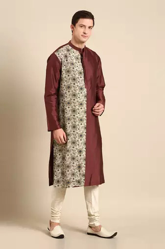 Blue & red print silk muslin kurta set