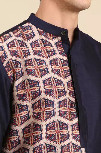 Brown & beige print silk chanderi kurta set