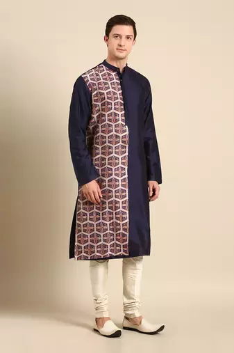 Brown & beige print silk chanderi kurta set