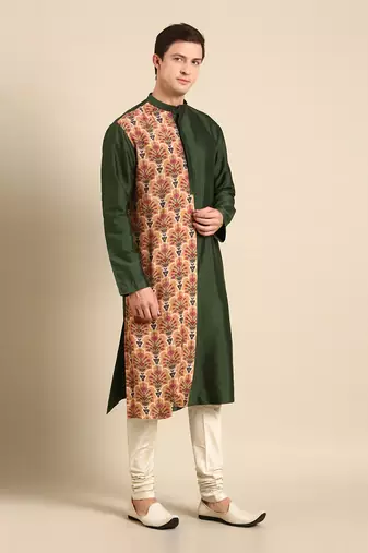 Green print silk muslin kurta set