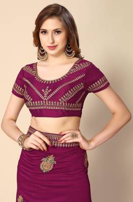 Wine chinon embroidered saree with unstitched blouse piece. 5