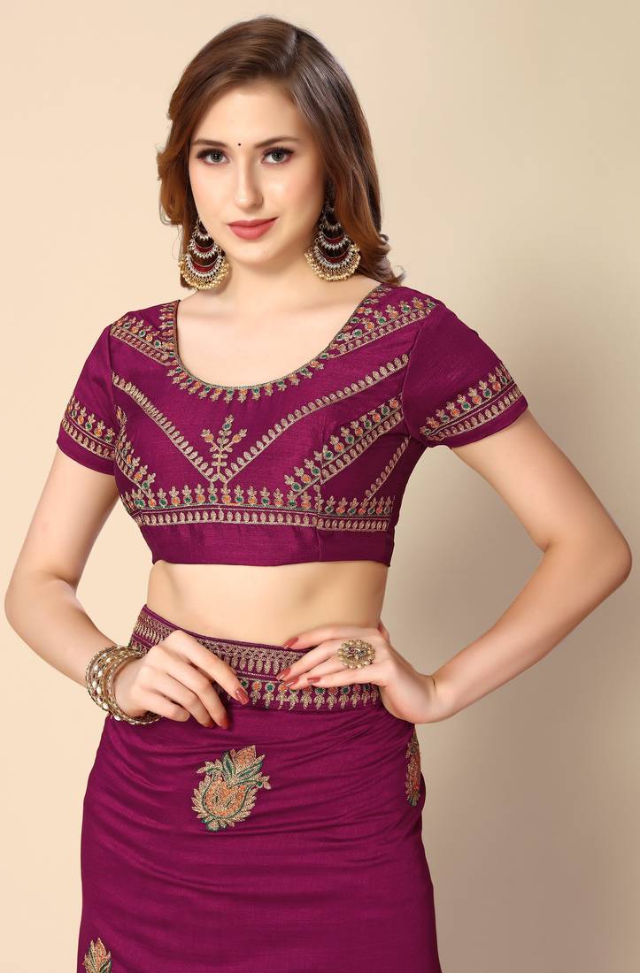 Wine chinon embroidered saree with unstitched blouse piece.